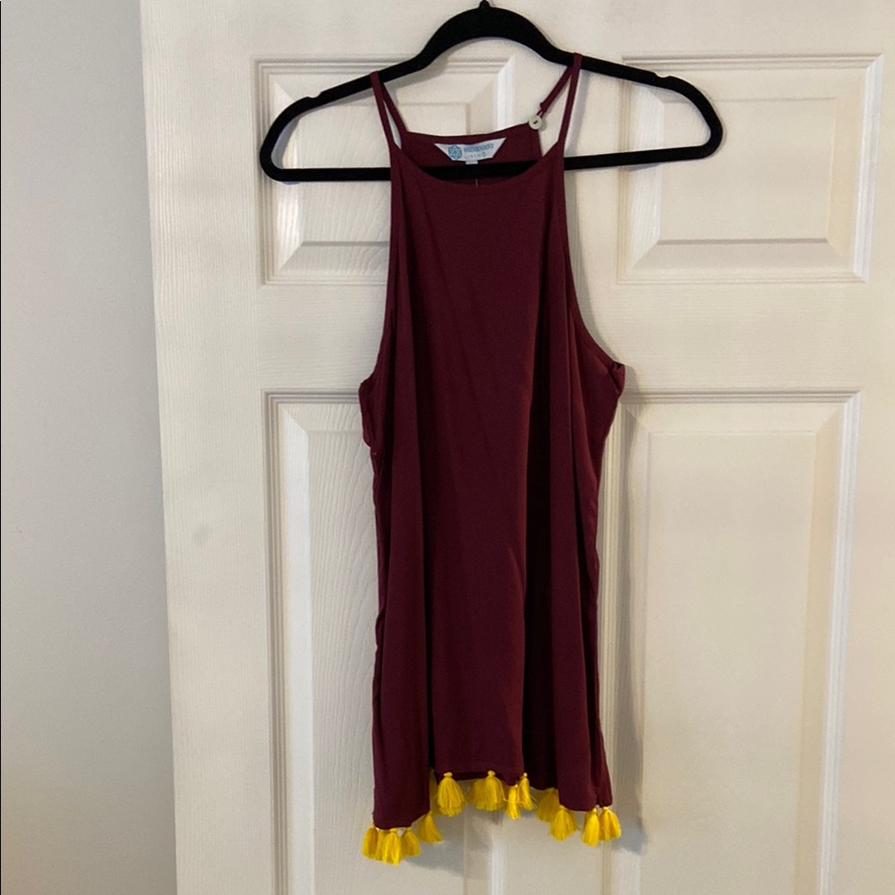 ESCAPADE Living Women's Burgundy Sleeveless Top with Yellow Tassels brand new